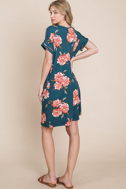 New Summer Floral Round Neck Short Tee Dress with Pockets For Women – Casual and Comfortable Floral Tee Dress with Pockets for Everyday Wear