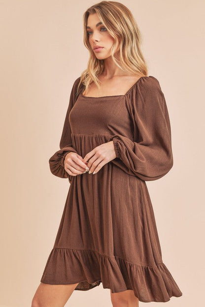 New Ruffled Hem Square Neck Balloon Sleeve Mini Dress For Women – Trendy, Elegant, Feminine & Fashion-Forward