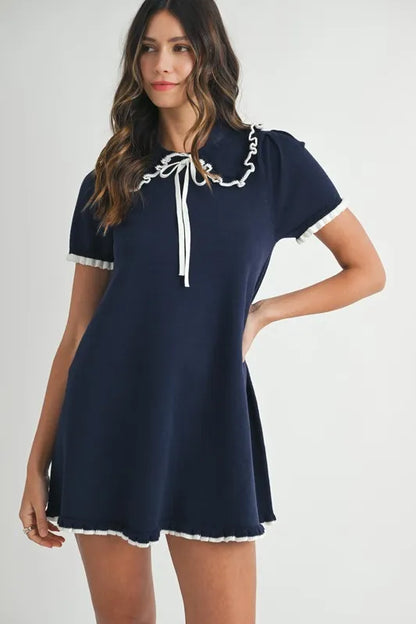 Ruffle Trimmed Collar Fine Knit Mini Dress For Women – Ruffle Mini Dress, Fine Knit Dress, Collar Dress, Feminine Mini Dress, Chic Knit Dress