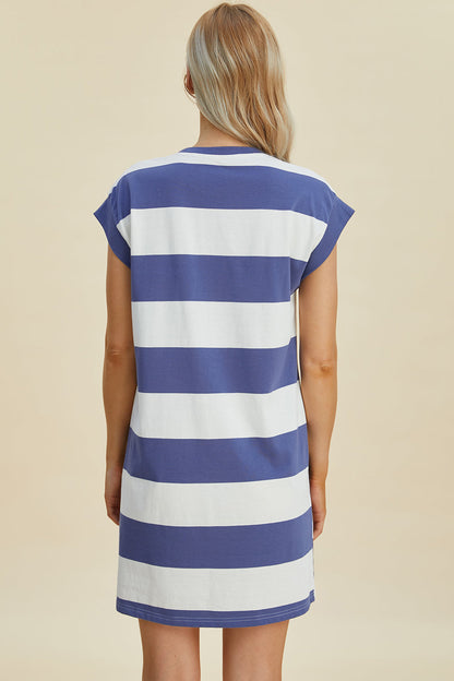 Full Size Striped Round Neck Cap Sleeve Mini Dress For Women – Striped Mini Dress, Full-Size Round Neck Dress, Comfortable Cap Sleeve Dress, Chic Striped Dress, Flattering Mini Dress, Casual Everyday Dress, Versatile Striped Dress