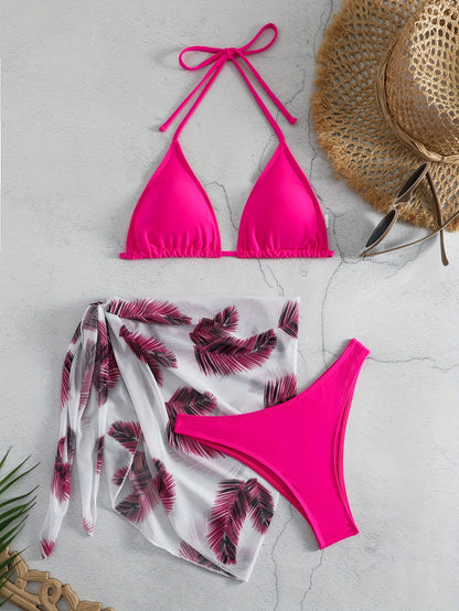 Feather Luxe 3-Piece Bikini Set – Exotic Feather Print Halter Neck Backless Swimsuit with High Cut Tie Back Bottoms and Wrap Cover-Up – Women’s High-Stretch Comfortable Swimwear for Summer Beach & Pool Vacations