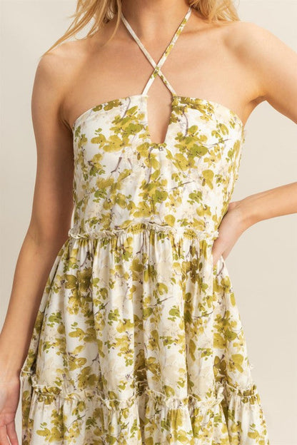 New Summer Floral Print Halter Neck Tiered Mini Dress For Women – Elegant Halter Neckline Dress with Crisscross Detailing and Playful Tiered Skirt