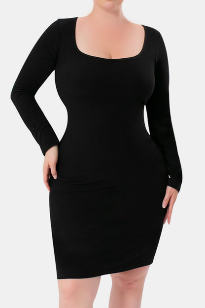 Elegant Black Full Size Built-In Shapewear Square Neck Long Sleeve Dress Sculpting Fit Dress for Women