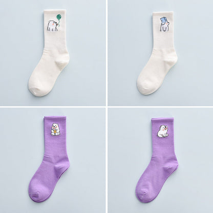 4Pair Spring And Summer Combed Out Of Pure Cotton Socks Mid Waist Fashion Bear Socks Cute Animal Socks Kawaii Cute Cartoon Purple College Socks For Men And Women