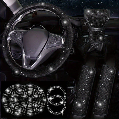Diamond Set Leather Steering Wheel Cover Rhinestones Steering Wheel Cover With Crystal Breathable Anti-Slip Steering Wheel Protector Diamond Sparkling Car Steering Wheel Protector Vehicle Car Bling Steering Wheel Cover for Women Girls