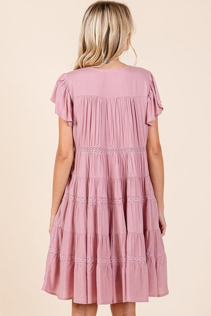 Lace Detail Ruffled Button Down Tiered Dress For Women – Romantic, Fluttering, Delicate, Feminine & Elegant Design