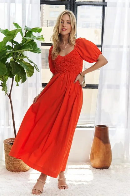 Popcorn Smocked Puff Sleeve Dress For Women – Textured, Elegant, Fluttering, Feminine, Stylish, Trendy For Special Occasions