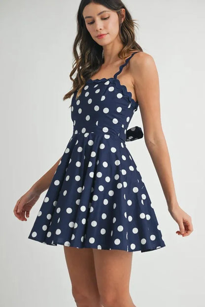 Polka Dot Mini Dress with Ricrac Trim Strap For Women – Playful Polka Dot Design, Unique Ricrac Trim, Fluttering, Chic Mini Dress for Casual or Summer Events