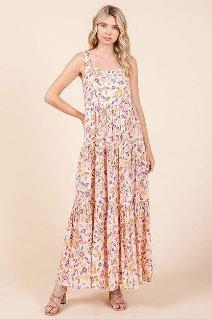 New Summer Flower Print Tiered Sleeveless Empire Maxi Dress – Elegant and Flattering Floral Dress with Empire Waist