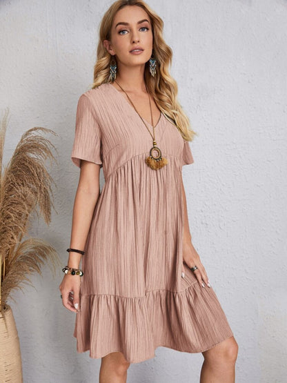 Classic Full Size V-Neck Short Sleeve Dress Casual & Comfortable Dress for Women
