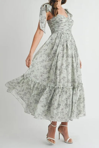 Floral Bust Ruched Midi Dress with Shoulder Tie For Women – Ruched Midi Dress For Summer, Floral Bust Dress, Shoulder Tie Dress, Feminine Midi Dress, Chic Event Dress