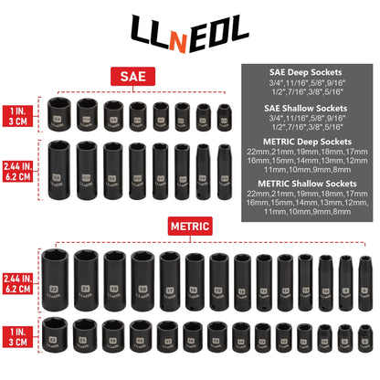 LLNEDL Impact Socket Set 3/8 Drive,95Pcs Deep&Shallow Socket Wrench Set,6 Point Metric&Standard Full |5/16"-3/4",8-22mm| with Spark Plug Sockets,72T Ratchet Handle, Screwdrivers for Automotive&Home