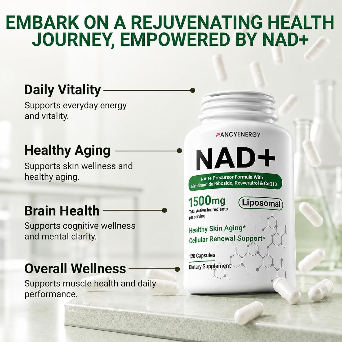 NAD+ Supplement, Liposomal NAD Nicotinamide Riboside Resveratrol 1500 mg - Anti-Aging & Brain Health, Improve Energy - Specifically for Women and Men, 120 Cout