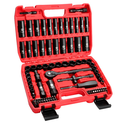 LLNEDL Impact Socket Set 3/8 Drive,95Pcs Deep&Shallow Socket Wrench Set,6 Point Metric&Standard Full |5/16"-3/4",8-22mm| with Spark Plug Sockets,72T Ratchet Handle, Screwdrivers for Automotive&Home