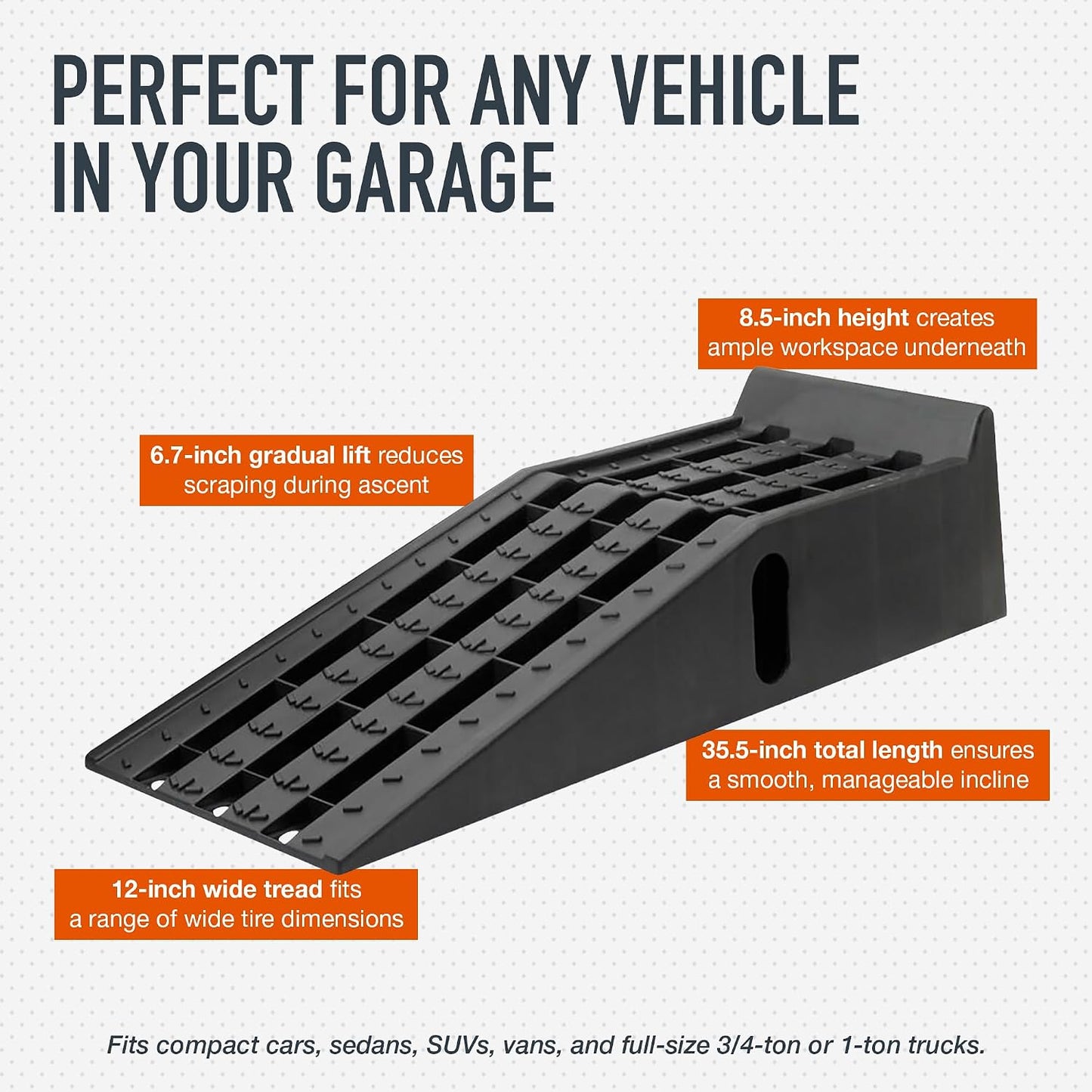 Ironton Poly Car Ramp Set, 12,000-Lb. GVW, 35.5in.L x 12in.W, 2-Pc. | High-impact construction, 6, 000-lb. capacity per ramp, Non-skid tread, Rubber feet, Fits cars/SUVs/trucks/vans