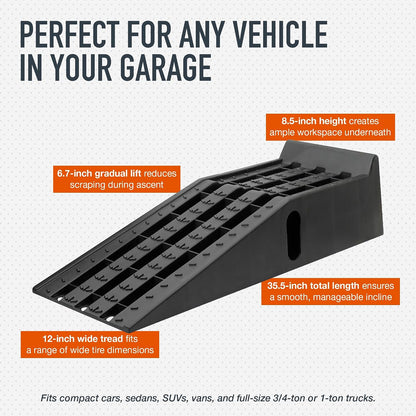 Ironton Poly Car Ramp Set, 12,000-Lb. GVW, 35.5in.L x 12in.W, 2-Pc. | High-impact construction, 6, 000-lb. capacity per ramp, Non-skid tread, Rubber feet, Fits cars/SUVs/trucks/vans