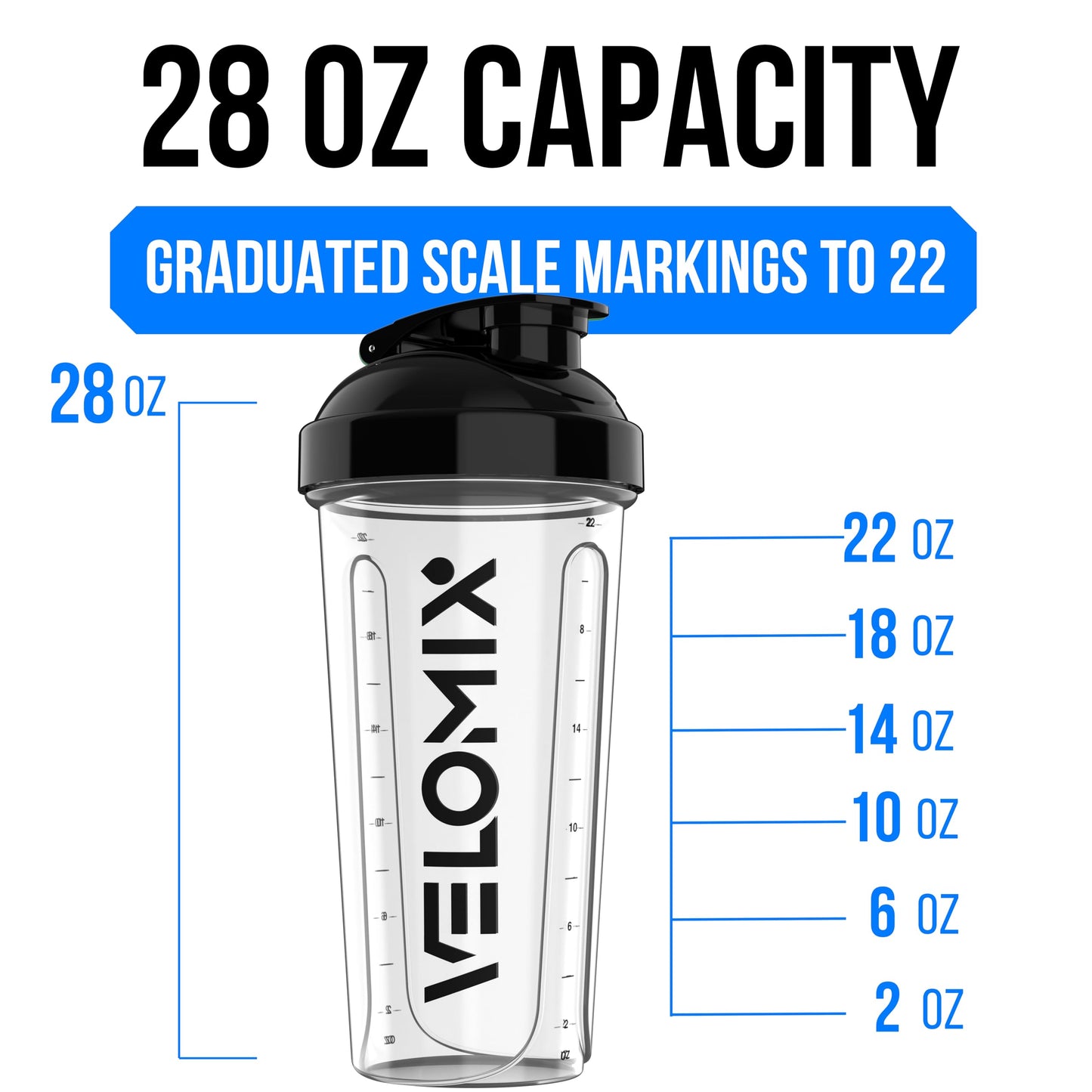 VELOMIX -2 Pack- 28 oz Protein Shaker Bottles for Protein Mixes - 2x Wire Whisk | Leak Proof Shaker Cups for Protein Shakes | Protein Shaker Bottle Pack (Black/Transparent)