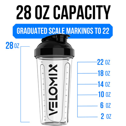 VELOMIX -2 Pack- 28 oz Protein Shaker Bottles for Protein Mixes - 2x Wire Whisk | Leak Proof Shaker Cups for Protein Shakes | Protein Shaker Bottle Pack (Black/Transparent)