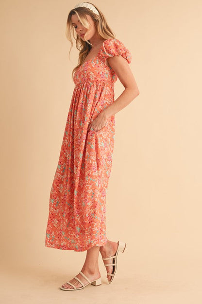 Cutout Back Floral Square Neck Puff Sleeve Midi Summer Dress For Women – Elegant & Feminine with Modern Details, Perfect for Special Occasions