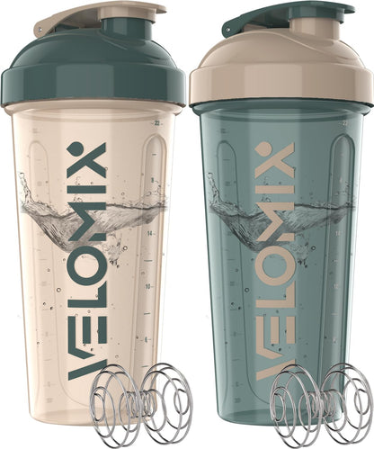 VELOMIX -2 Pack- 28 oz Protein Shaker Bottles for Protein Mixes - 2x Wire Whisk | Leak Proof Shaker Cups for Protein Shakes | Protein Shaker Bottle Pack (Black/Transparent)