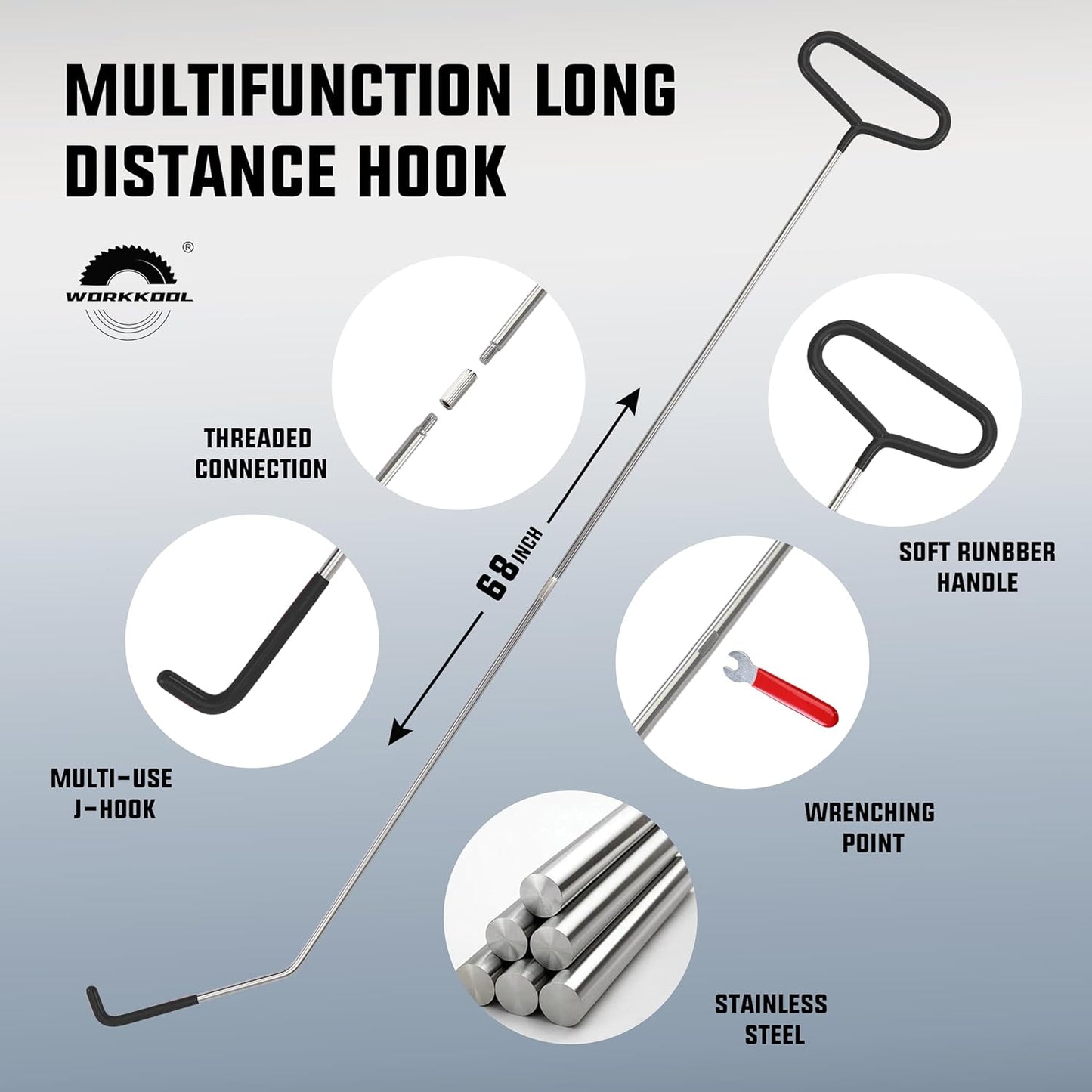 WORKKOOL 26PCS Car Tool Kit with Stainless Steel Assorted 5th Wheel Pin Puller,68 inches Long Distance Puller Hook, Air Wedge and Magnetic Pickup Tool with Flashlight
