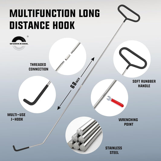 WORKKOOL 26PCS Car Tool Kit with Stainless Steel Assorted 5th Wheel Pin Puller,68 inches Long Distance Puller Hook, Air Wedge and Magnetic Pickup Tool with Flashlight