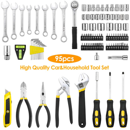 TLGREEN 95 Piece Tool Set, Tool Kit, Mechanics Tool Set, Portable Toolbox with Adjustable Wrench Pliers Socket Bits, with Plastic Toolbox, for House Apartment Garage (Red)