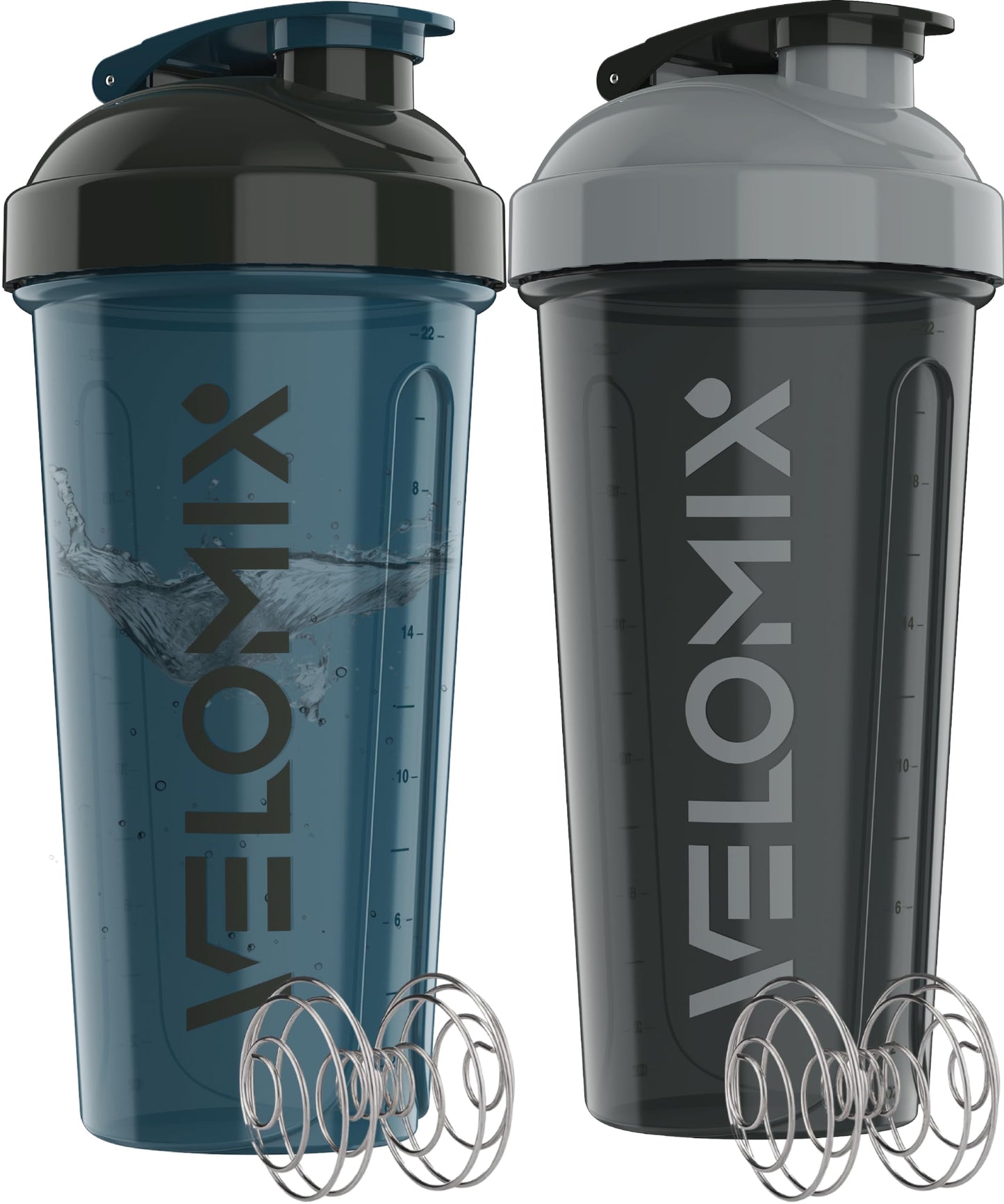 VELOMIX -2 Pack- 28 oz Protein Shaker Bottles for Protein Mixes - 2x Wire Whisk | Leak Proof Shaker Cups for Protein Shakes | Protein Shaker Bottle Pack (Black/Transparent)