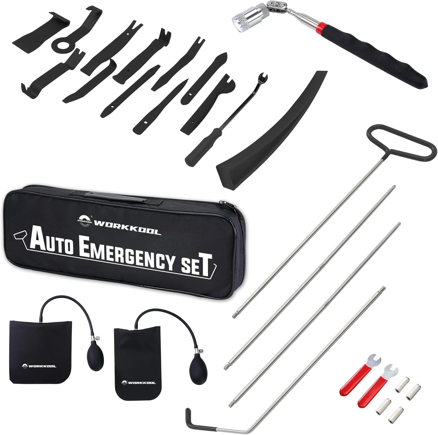WORKKOOL 26PCS Car Tool Kit with Stainless Steel Assorted 5th Wheel Pin Puller,68 inches Long Distance Puller Hook, Air Wedge and Magnetic Pickup Tool with Flashlight