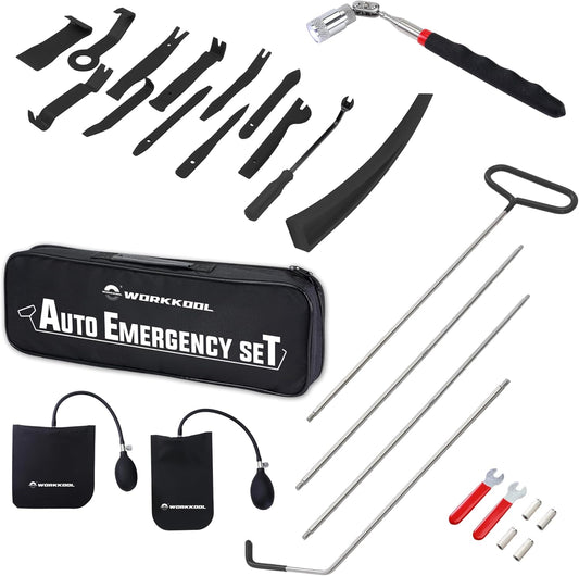 WORKKOOL 26PCS Car Tool Kit with Stainless Steel Assorted 5th Wheel Pin Puller,68 inches Long Distance Puller Hook, Air Wedge and Magnetic Pickup Tool with Flashlight