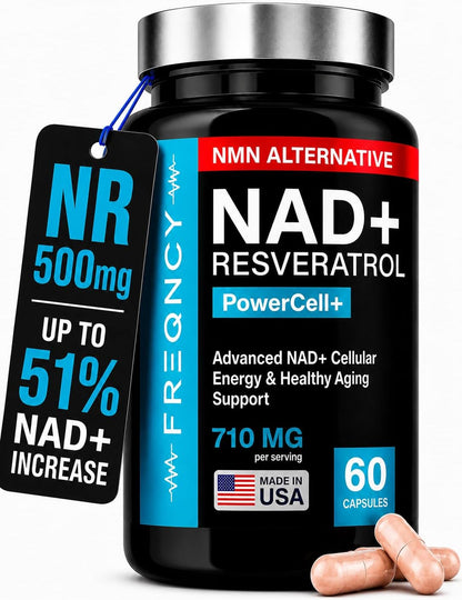 FREQNCY NAD+ Resveratrol Supplement, 500mg Pure Nicotinamide Riboside (NR), Advanced 4-in-1 NAD Formula for Anti-Aging & Cellular Energy | NAD, NADH & NMN Alternative | 60 Capsules | For Men and Women