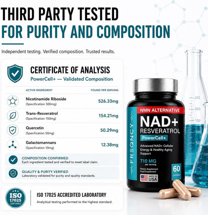 FREQNCY NAD+ Resveratrol Supplement, 500mg Pure Nicotinamide Riboside (NR), Advanced 4-in-1 NAD Formula for Anti-Aging & Cellular Energy | NAD, NADH & NMN Alternative | 60 Capsules | For Men and Women