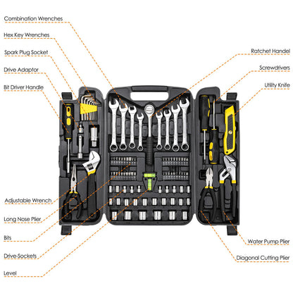 TLGREEN 95 Piece Tool Set, Tool Kit, Mechanics Tool Set, Portable Toolbox with Adjustable Wrench Pliers Socket Bits, with Plastic Toolbox, for House Apartment Garage (Red)