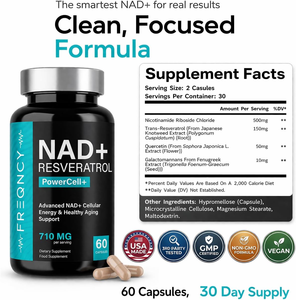 FREQNCY NAD+ Resveratrol Supplement, 500mg Pure Nicotinamide Riboside (NR), Advanced 4-in-1 NAD Formula for Anti-Aging & Cellular Energy | NAD, NADH & NMN Alternative | 60 Capsules | For Men and Women
