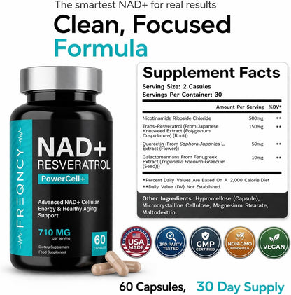 FREQNCY NAD+ Resveratrol Supplement, 500mg Pure Nicotinamide Riboside (NR), Advanced 4-in-1 NAD Formula for Anti-Aging & Cellular Energy | NAD, NADH & NMN Alternative | 60 Capsules | For Men and Women