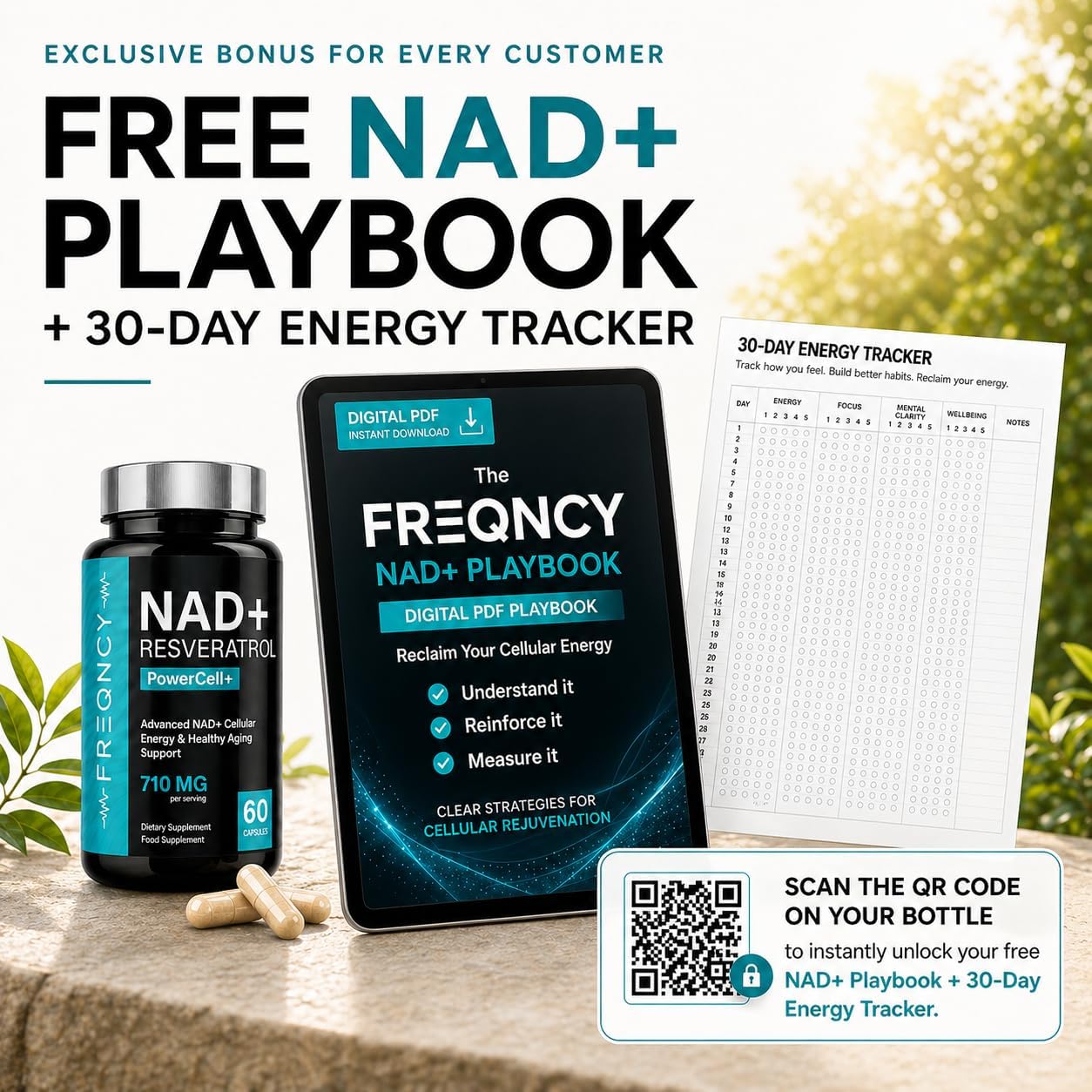 FREQNCY NAD+ Resveratrol Supplement, 500mg Pure Nicotinamide Riboside (NR), Advanced 4-in-1 NAD Formula for Anti-Aging & Cellular Energy | NAD, NADH & NMN Alternative | 60 Capsules | For Men and Women