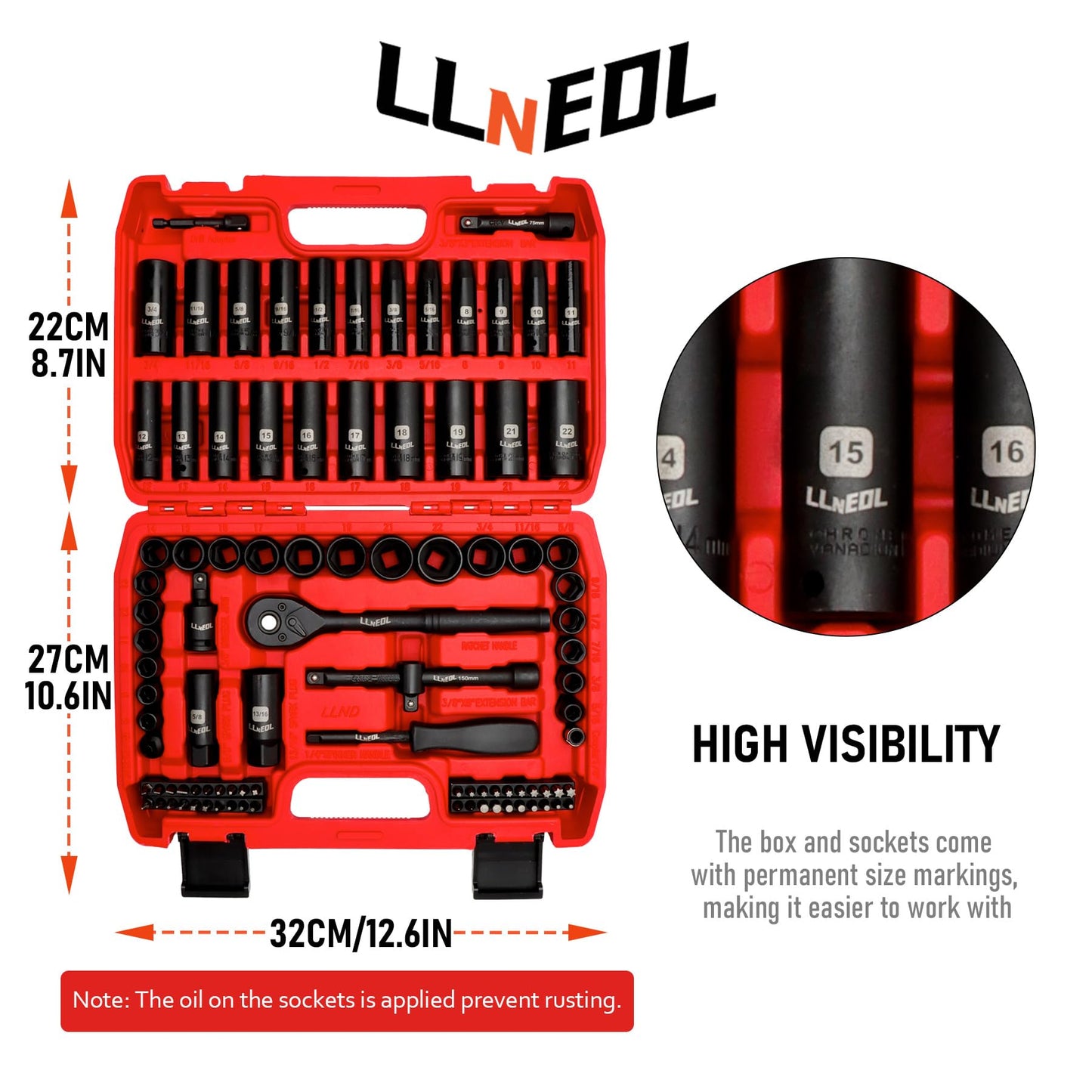 LLNEDL Impact Socket Set 3/8 Drive,95Pcs Deep&Shallow Socket Wrench Set,6 Point Metric&Standard Full |5/16"-3/4",8-22mm| with Spark Plug Sockets,72T Ratchet Handle, Screwdrivers for Automotive&Home