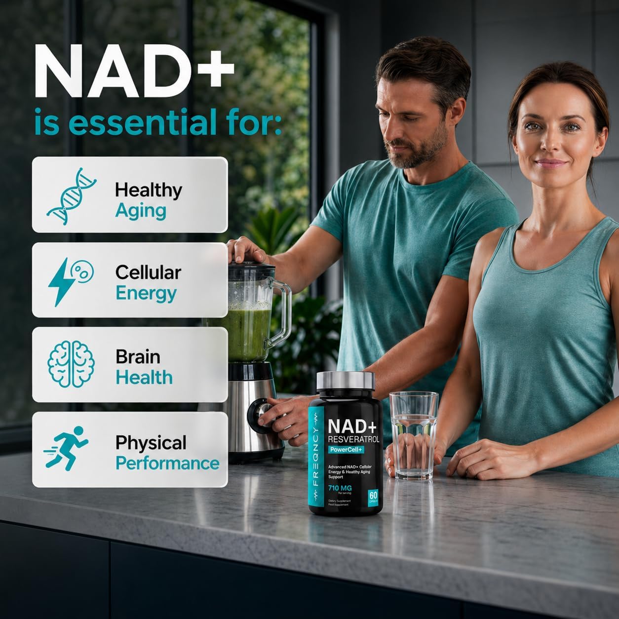 FREQNCY NAD+ Resveratrol Supplement, 500mg Pure Nicotinamide Riboside (NR), Advanced 4-in-1 NAD Formula for Anti-Aging & Cellular Energy | NAD, NADH & NMN Alternative | 60 Capsules | For Men and Women