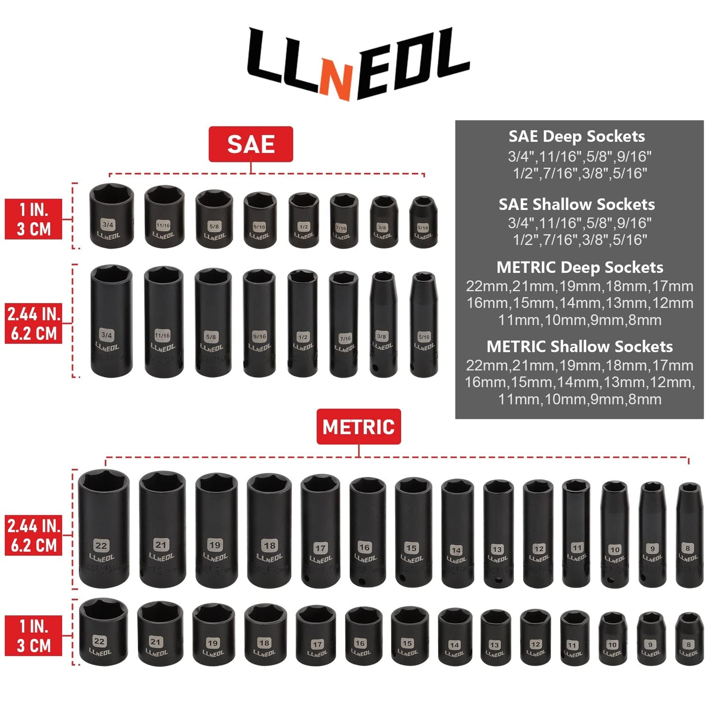 LLNEDL Impact Socket Set 3/8 Drive,95Pcs Deep&Shallow Socket Wrench Set,6 Point Metric&Standard Full |5/16"-3/4",8-22mm| with Spark Plug Sockets,72T Ratchet Handle, Screwdrivers for Automotive&Home