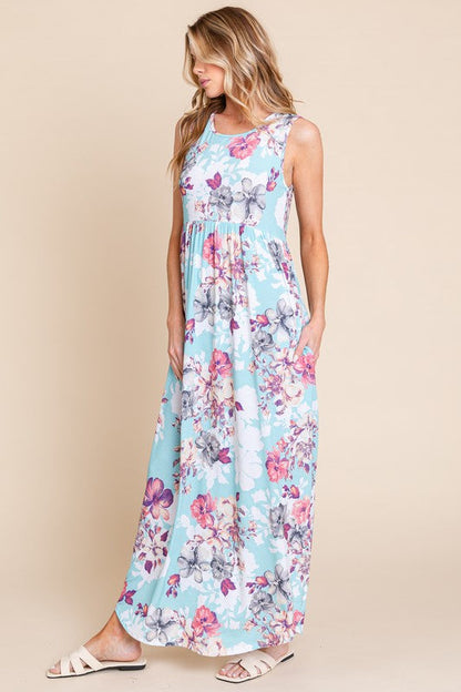 New Floral Round Neck Sleeveless Maxi Dress with Pockets For Women – Elegant Floral Print Dress with Flowing Silhouette and Functional Pockets