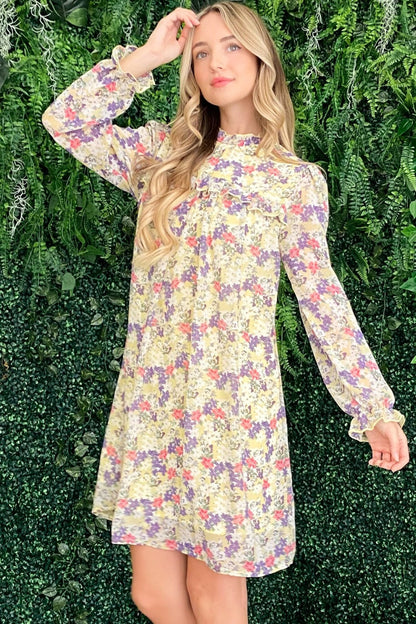 Floral Mock Neck Flounce Sleeve Summer Dress – Mock Neck Dress, Flounce Sleeve Dress, Floral Pattern Dress, Elegant Floral Dress, Sophisticated Dress