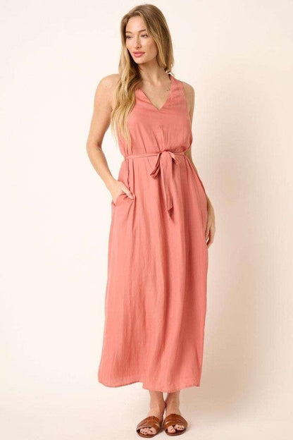 Cross Back Belted V Neck Tank Maxi Dress for Women – Flattering, Chic and Elegant Event Style