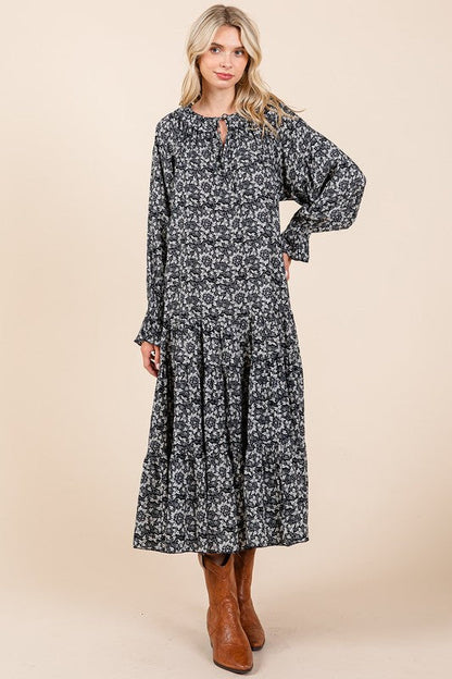 Printed Tie Neck Flounce Sleeve Midi Dress For Women – Fluttering, Feminine and Playful Midi Dress with Ruffled Details