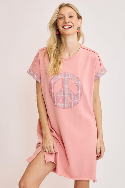 Peace Plaid Applique Short Sleeve Mini Dress For Women – Trendy and Comfortable Mini Dress with Applique Detailing and Chic Plaid Pattern