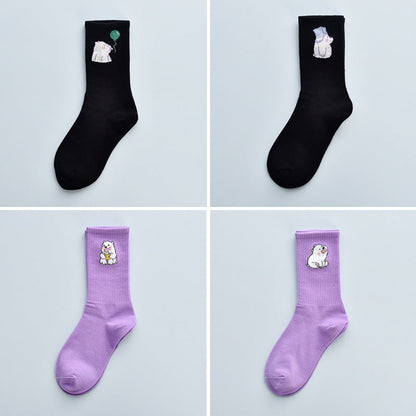 4Pair Spring And Summer Combed Out Of Pure Cotton Socks Mid Waist Fashion Bear Socks Cute Animal Socks Kawaii Cute Cartoon Purple College Socks For Men And Women