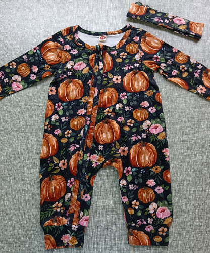 Baby Girls Footies Floral Print Ruffles Single Breasted Playsuit Headband Clothes Outfits For Girls with Bow Floral Printed