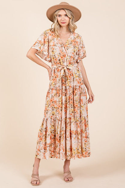 New Summer Floral Tie Waist Flutter Sleeve Tiered Dress – Graceful and Feminine Dress with Bohemian Charm and Flattering Tie Waist