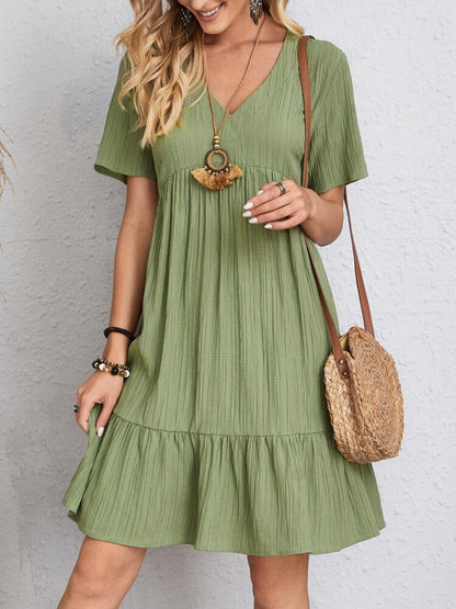 Classic Full Size V-Neck Short Sleeve Dress Casual & Comfortable Dress for Women