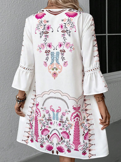 Exquisite Summer Feminine Lace Detail Printed Dress Chic Midi Lightweight Dress