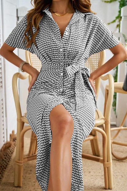 Collared Neck Short Sleeve Midi Shirt Dress Elegant & Versatile Style Cute Dress For Girls